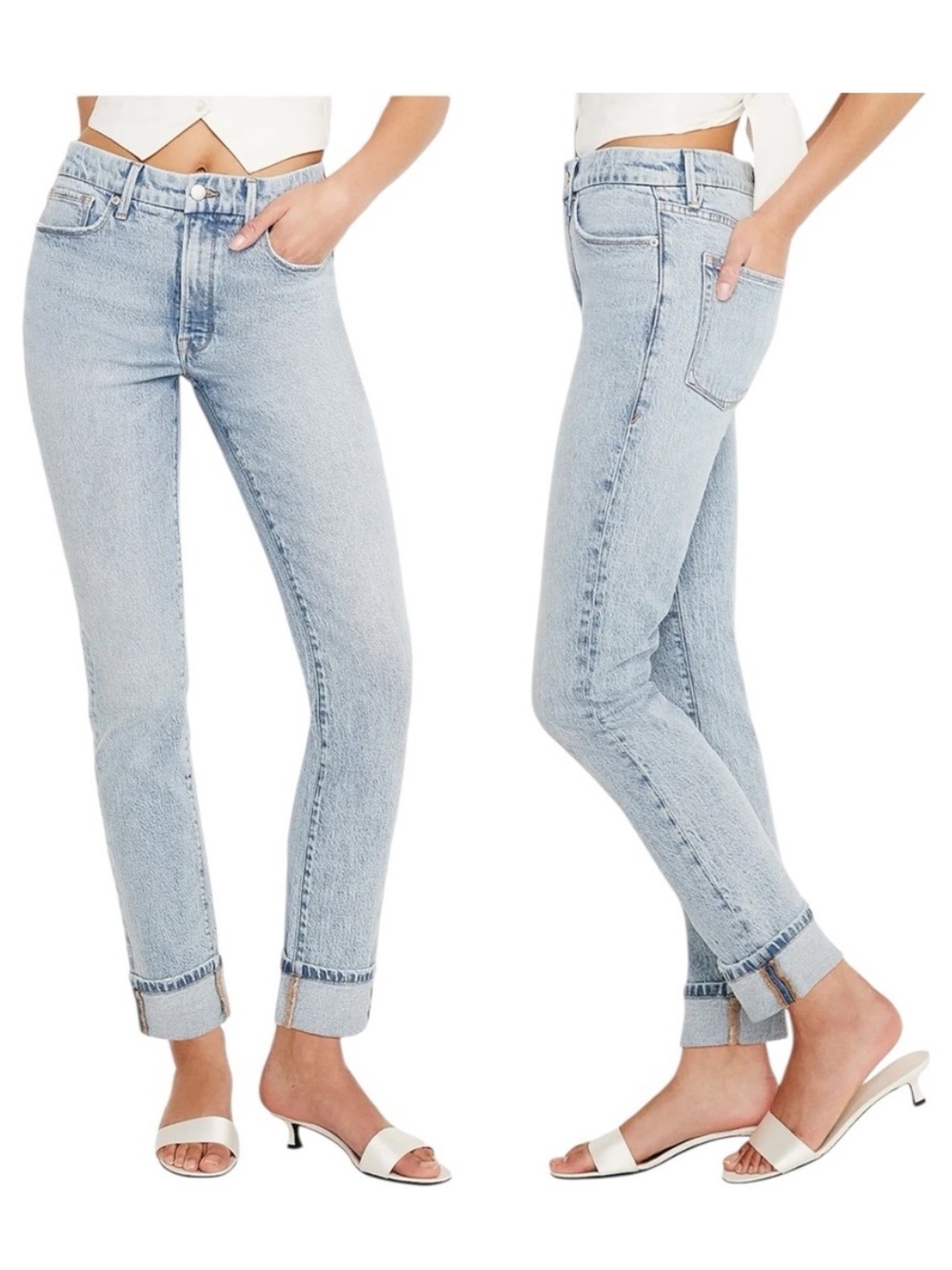 Good American Good Classic Cuffed Denim Jeans Size 6/28 in Light Wash